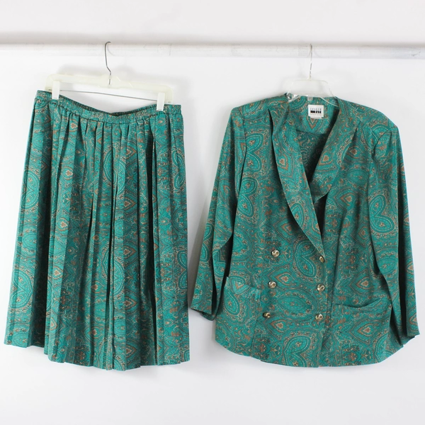 2 Pc VTG Leslie Fay Teal Green Skirt Suit Set Women's Size 18WP