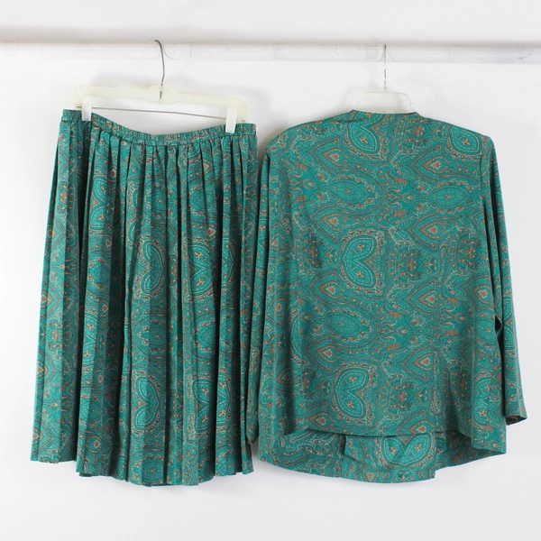 2 Pc VTG Leslie Fay Teal Green Skirt Suit Set Women's Size 18WP