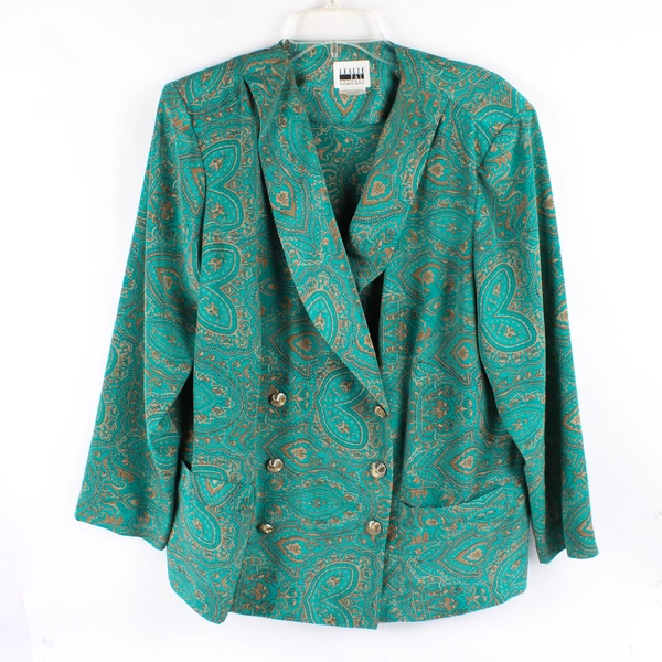 2 Pc VTG Leslie Fay Teal Green Skirt Suit Set Women's Size 18WP