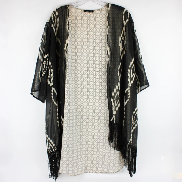 West Kei Women's Black and Off-White Patterned Duster with Fringe One Size