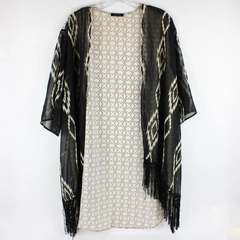 West Kei Women's Black and Off-White Patterned Duster with Fringe One Size