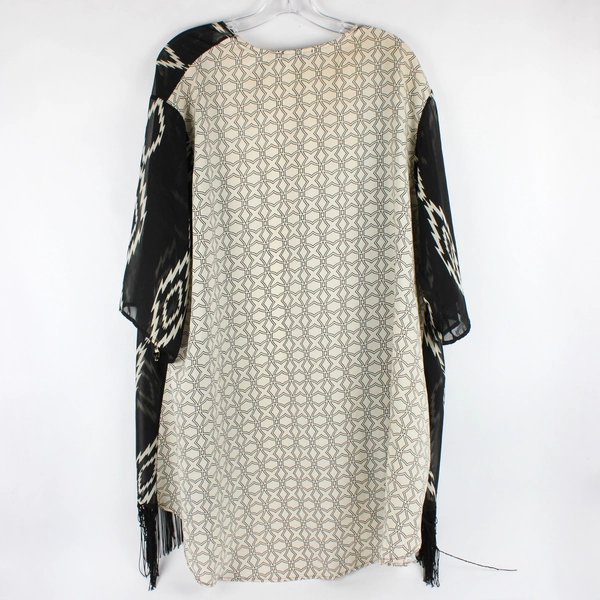 West Kei Women's Black and Off-White Patterned Duster with Fringe One Size