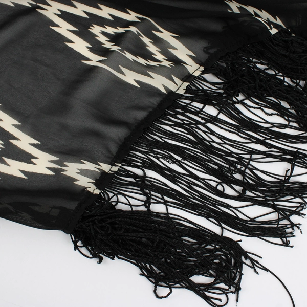 West Kei Women's Black and Off-White Patterned Duster with Fringe One Size
