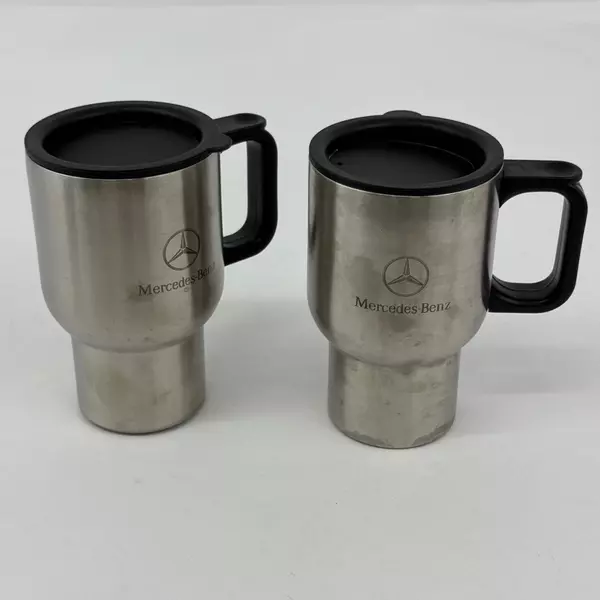 Lot of 2 Stainless Steel Mercedes Benz Travel Mugs