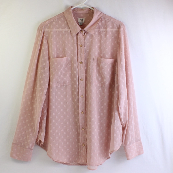 A New Day Sheer Dusty Rose Polka Dot Long-Sleeve Button-Up Women's Size XL