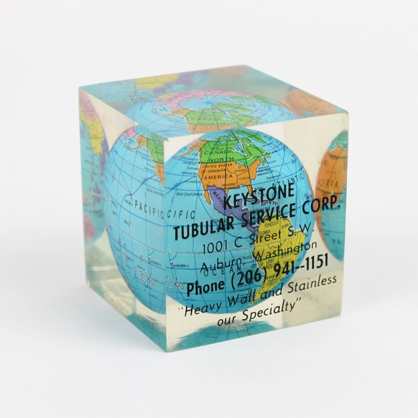 Acrylic Lucite Cube Globe Paperweight 2" Advertising Keystone Tubular Auburn WA