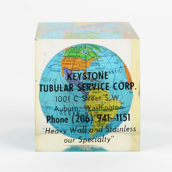 Acrylic Lucite Cube Globe Paperweight 2" Advertising Keystone Tubular Auburn WA