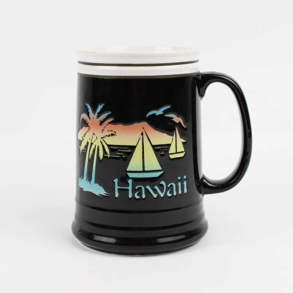 Hawaii Ceramic Beer Stein Black Coffee Mug Palm Trees Ocean Sunset Boats