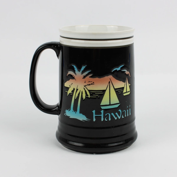Hawaii Ceramic Beer Stein Black Coffee Mug Palm Trees Ocean Sunset Boats