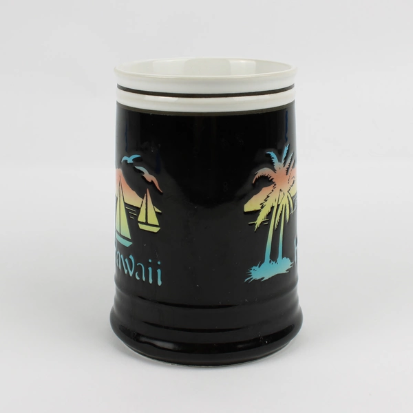 Hawaii Ceramic Beer Stein Black Coffee Mug Palm Trees Ocean Sunset Boats