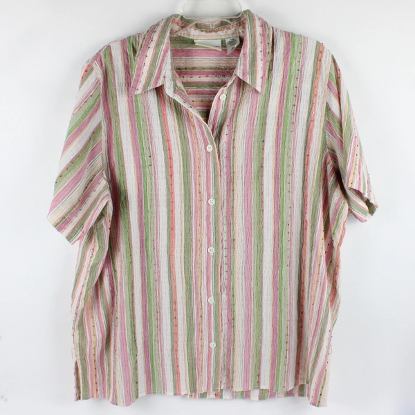 Alfred Dunner Women's 18W Short Sleeved Striped Cotton Button Up Shirt