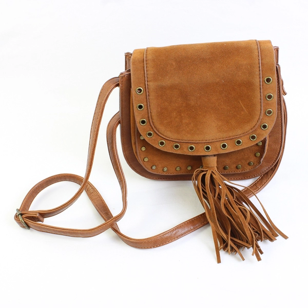 Small Brown Faux Leather Crossbody Purse with Rivets and Tassels on Front