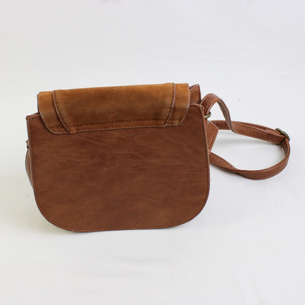 Small Brown Faux Leather Crossbody Purse with Rivets and Tassels on Front