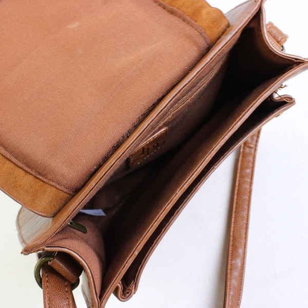 Small Brown Faux Leather Crossbody Purse with Rivets and Tassels on Front