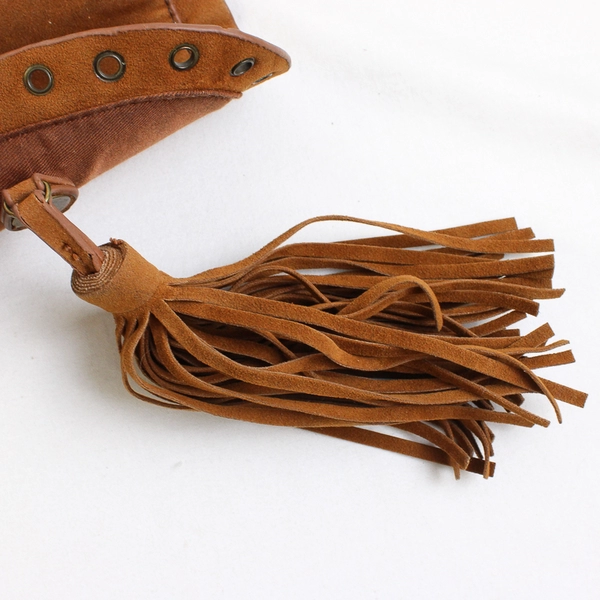 Small Brown Faux Leather Crossbody Purse with Rivets and Tassels on Front