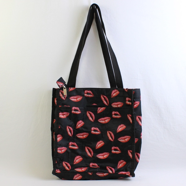 Black Fabric Tote Bag With Red Lips Graphics