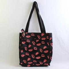 Black Fabric Tote Bag With Red Lips Graphics