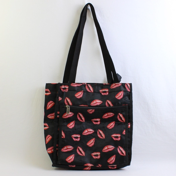 Black Fabric Tote Bag With Red Lips Graphics