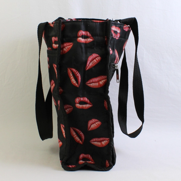 Black Fabric Tote Bag With Red Lips Graphics