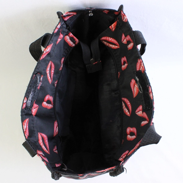Black Fabric Tote Bag With Red Lips Graphics