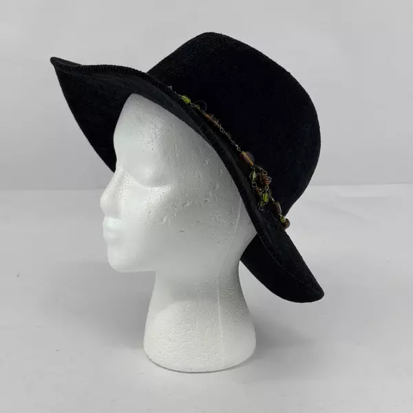 Black Acrylic And Polyester Women's Wide Brim Fedora Hat With Glass Beaded Band