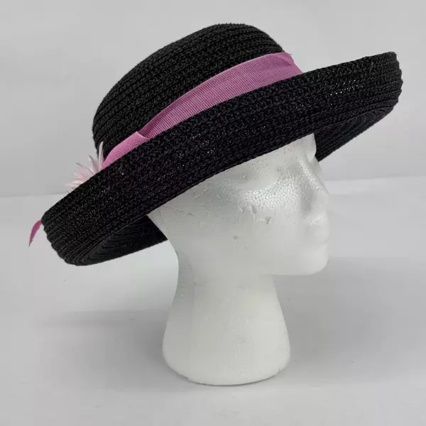 Women's Paper And Nylon Boater Hat With A Pink Band And Flower