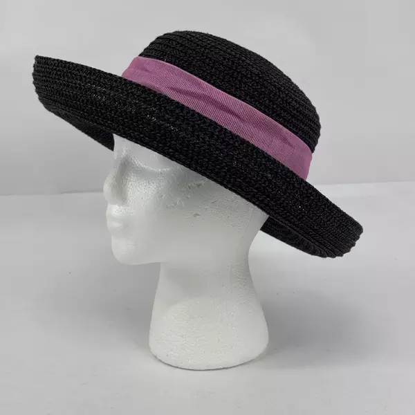 Women's Paper And Nylon Boater Hat With A Pink Band And Flower