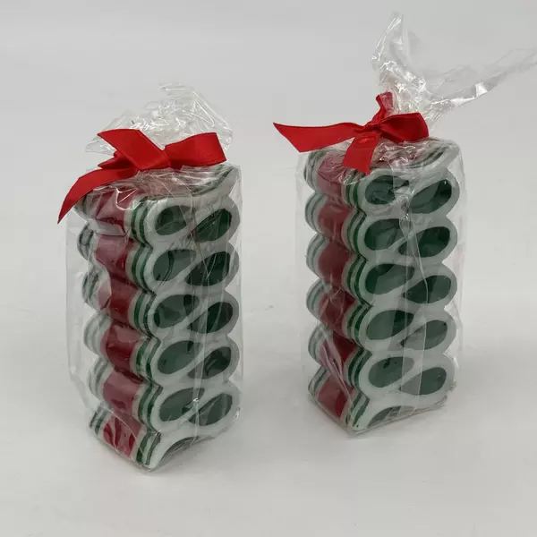 Lot of 2 Red White And Green Striped Ribbon Candy Christmas Candles