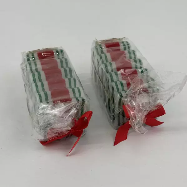 Lot of 2 Red White And Green Striped Ribbon Candy Christmas Candles