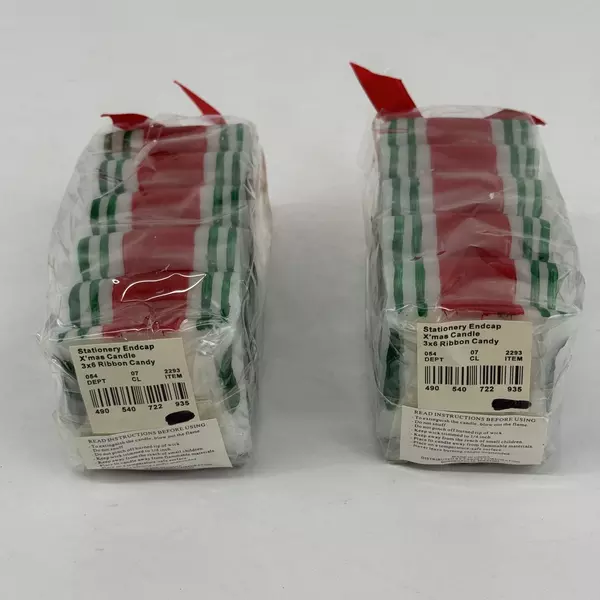 Lot of 2 Red White And Green Striped Ribbon Candy Christmas Candles