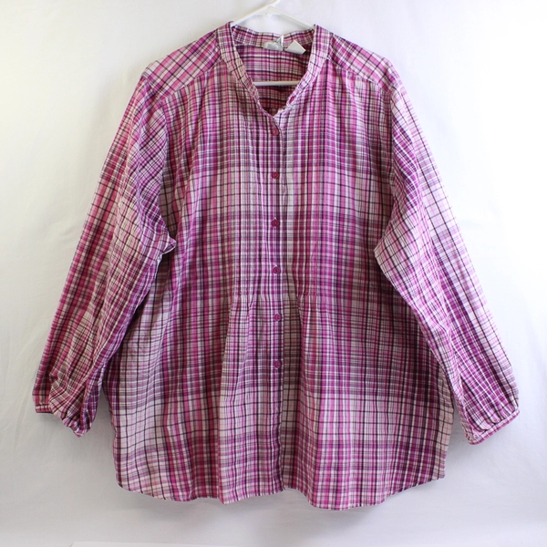 Roaman's Pink/Purple Plaid Long Sleeve Button Up Top Women's Size 24W