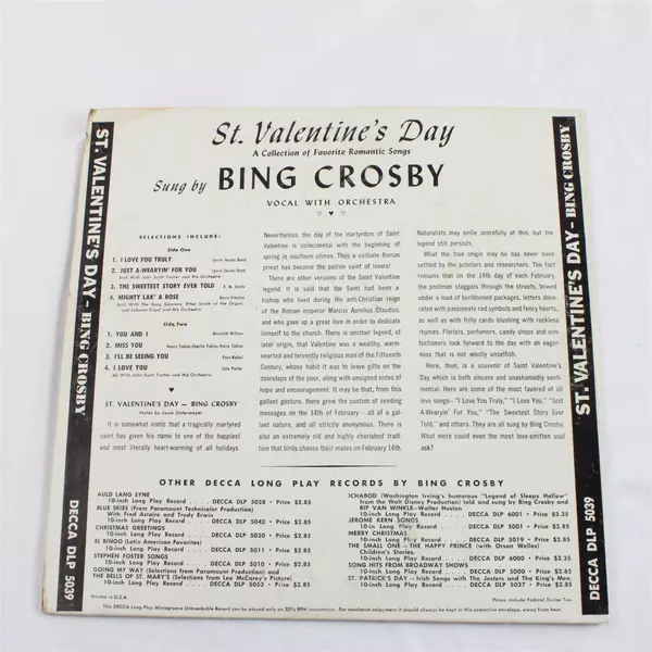 Bing Crosby St Valentine's Day Decca Rec. Stereo Holiday Vocals