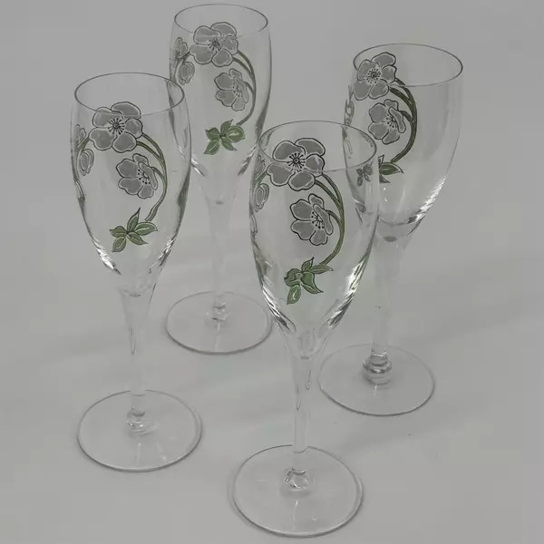 4 Hand Painted Perrier Jouet Belle Epoque Crystal Champagne Flutes