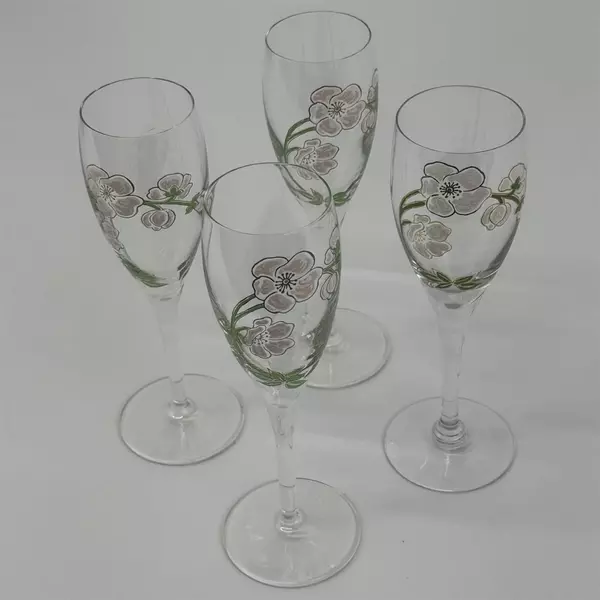 4 Hand Painted Perrier Jouet Belle Epoque Crystal Champagne Flutes