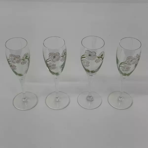 4 Hand Painted Perrier Jouet Belle Epoque Crystal Champagne Flutes