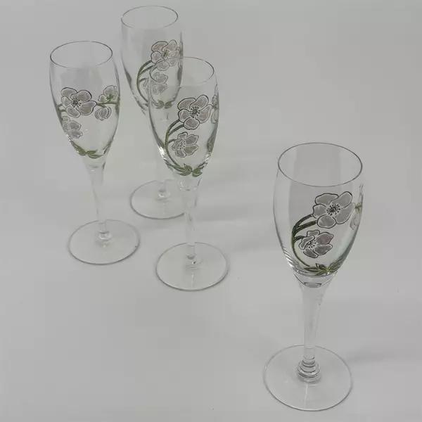 4 Hand Painted Perrier Jouet Belle Epoque Crystal Champagne Flutes