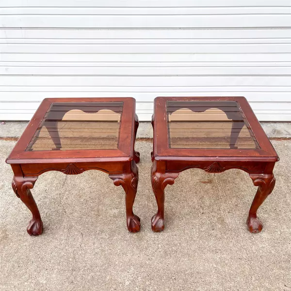 Lot of 2 Glass Top Cherry Wood Queen Anne Style End Tables