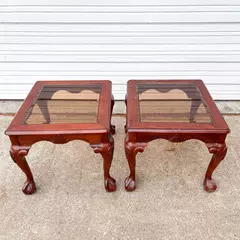 Lot of 2 Glass Top Cherry Wood Queen Anne Style End Tables