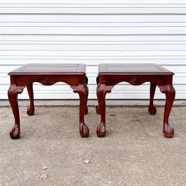Lot of 2 Glass Top Cherry Wood Queen Anne Style End Tables