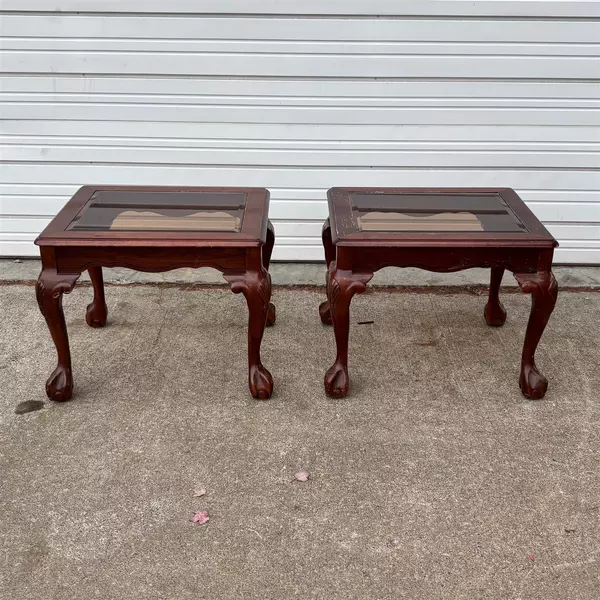Lot of 2 Glass Top Cherry Wood Queen Anne Style End Tables
