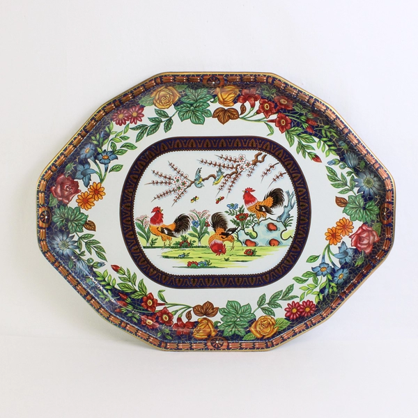 VTG Daher Decorated Ware Metal Serving Tray Rooster & Floral Design 13.5"x17.5"