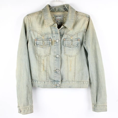 Old Navy Women's M Distressed Light Blue Beaded Back Jean Jacket