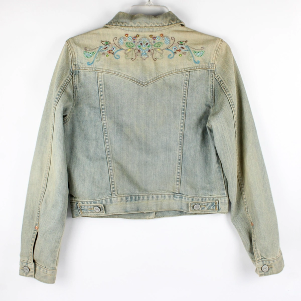 Old Navy Women's M Distressed Light Blue Beaded Back Jean Jacket