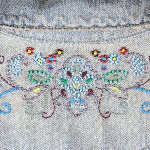 Old Navy Women's M Distressed Light Blue Beaded Back Jean Jacket