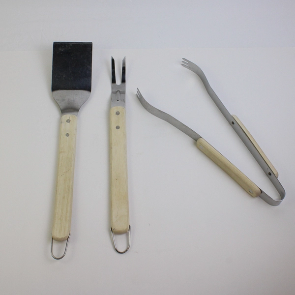 Lot of 3 Unbranded Stainless Steel Light Wood Handled BBQ Utensils