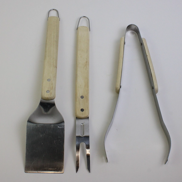 Lot of 3 Unbranded Stainless Steel Light Wood Handled BBQ Utensils