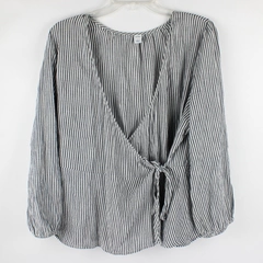 Old Navy Women's L Long Sleeve Wrap Top Navy Blue + White Striped Shirt
