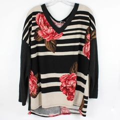 A. Gain Black and White Stripe Floral Pattern V-Neck Sweater Women's Medium