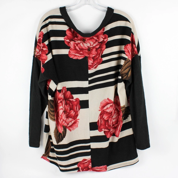 A. Gain Black and White Stripe Floral Pattern V-Neck Sweater Women's Medium