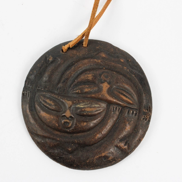 Handmade Carved Pottery Medallion Pendant Necklace 18"